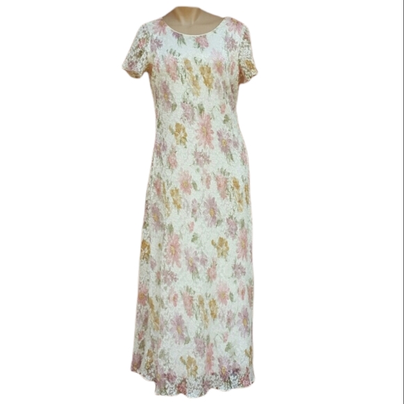 Dress Barn off-white Pink Gold lavender green lace overlay 90s style dress - Picture 1 of 6